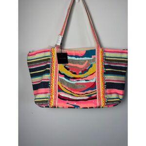 America & Beyond Beaded Sequin Striped Canvas Tote Bag Pom Pom Crossbody New